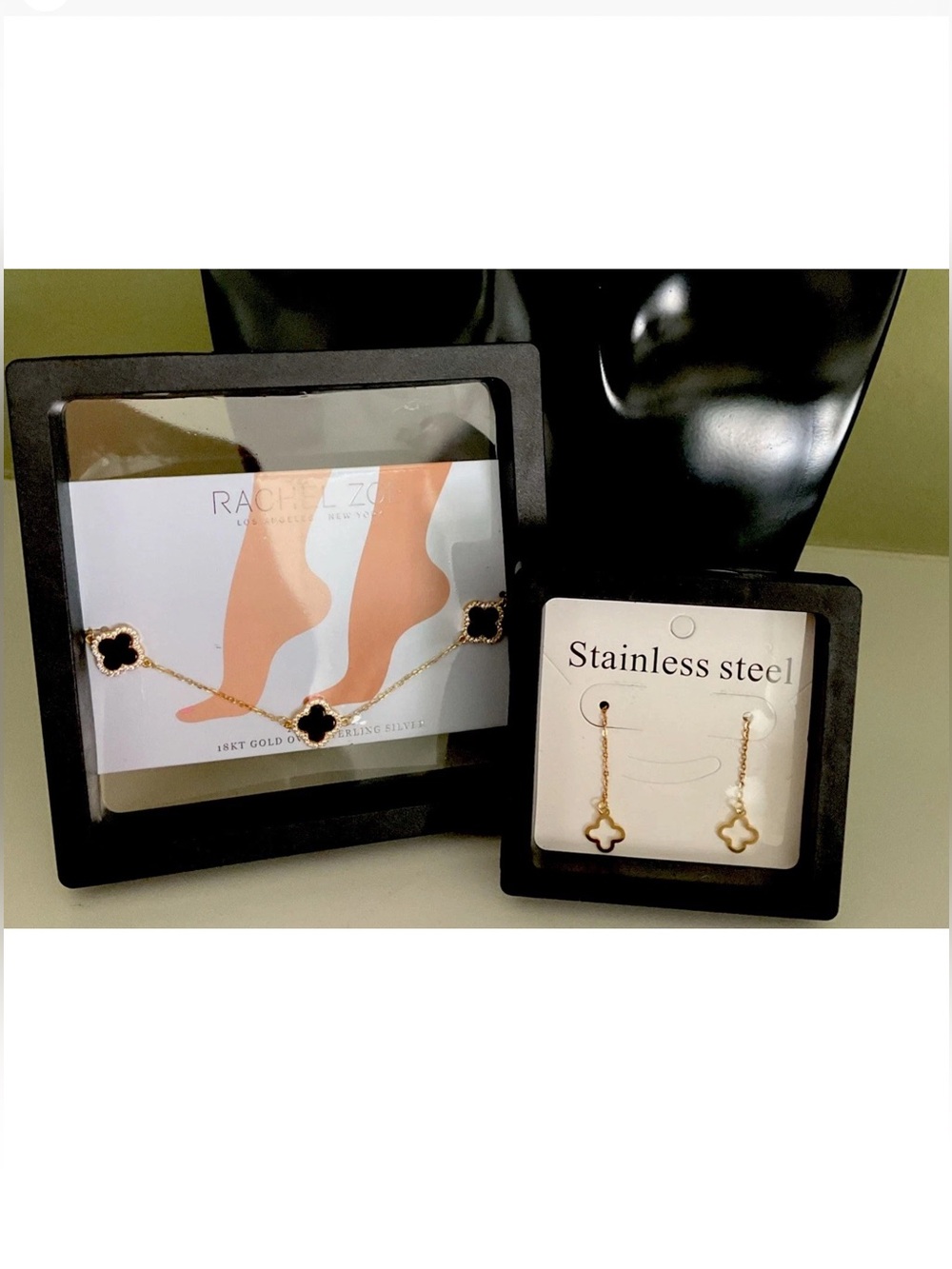 Rachael Zoe 18K Gold / sterling silver onyx CZ Anklet / Threader Earrings NWT